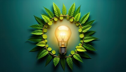 Poster - Eco friendly light bulb surrounded by green leaves on teal background. Sustainable energy concept. Bright light bulb innovative ideas. Ideal for eco tech, environmental themes. Nature, innovation