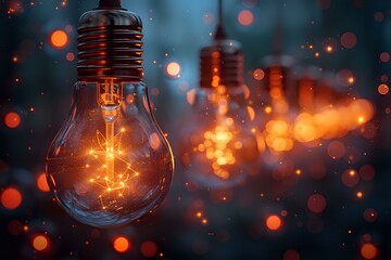 Poster - Glowing vintage light bulbs with magical orange bokeh effect and sparkling particles create atmospheric mood perfect for creativity and inspiration concepts.
