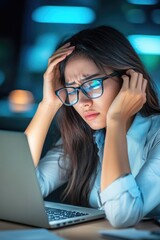 Poster - a woman wearing glasses is focused on her laptop screen