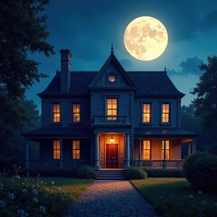 Wall Mural - A mansion's facade bathed in an ethereal light with a large full moon hanging low over it, full moon, shadows