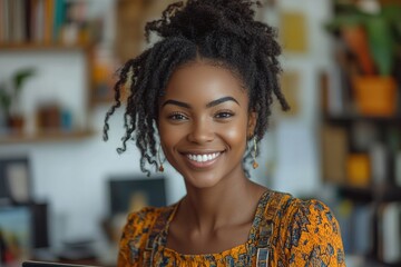 Poster - A smiling woman holds a laptop computer in her hands