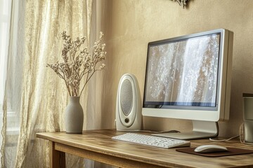Poster - A desktop computer sits on top of a wooden desk, perfect for home or office use