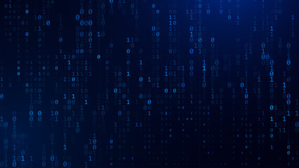 Fototapete - Abstract Blue Binary Software Programming Code Background. Random Parts of Program Code. Digital Data Technology Concept. Random Binary Data Matrix Wide Vector Illustration.