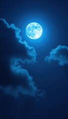 Wall Mural - Blue glowing moon shining through thin dark clouds at night, moonlight, cloudy skies, moon phase