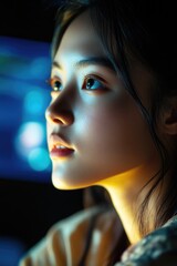 Poster - A woman sitting in front of a computer, illuminated only by the screen's glow, in a dimly lit environment
