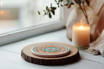 Wall Mural - Cozy candlelit setting by the window with a linen-covered table, featuring a decorative coaster on a wooden slice.