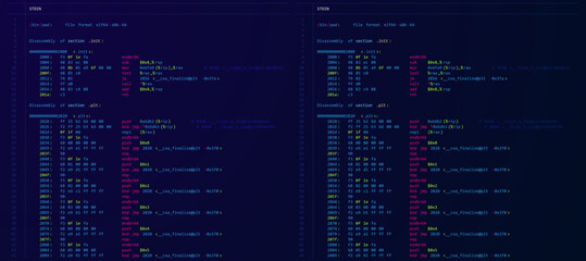 Fototapete - Assembly Code Programming Language. Machine Code Program Hexadecimal Code. Computer Memory. Vector Illustration. Hacking, Cryptography, Malware, Reverse Engineering, Data Analysis Backdrop.