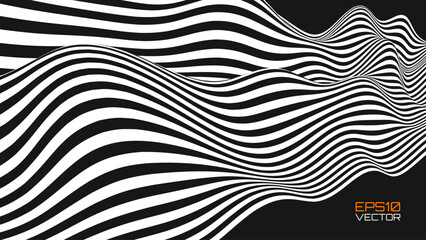 Fototapete - Abstract Optical Illusion Waves Pattern. A Stream Of Black And White Lines Forming A Wavy Distortion Effect. Contrast Minimalistic Style Lines Texture Vector Illustration.