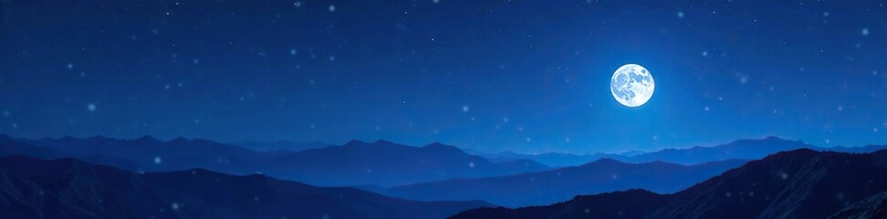 Wall Mural - Dark blue night sky with a full moon and mountains in the distance, night sky, serene