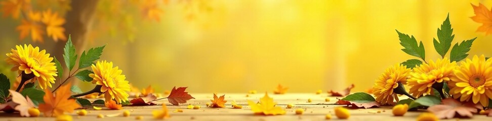 Wall Mural - Autumn forest landscape with wilted yellow chrysanthemum flowers and fallen maple and oak leaves scattered on a light yellow background, wood, environment, nature