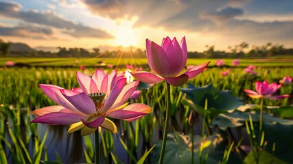 Poster - Tranquil Sunrise Over Serene Pond Beautiful Pink Lotus Flowers Blooming in Natures Water Garden, Surrounded by Lush Greenery and Vibrant Colors.