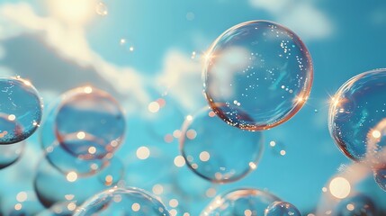 Poster - Delicate soap bubbles floating against turquoise blue sky background with soft bokeh lights, perfect for dreamy atmosphere designs and natural freshness concepts in advertising.