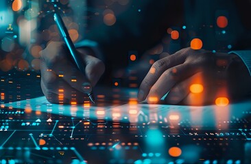 Poster - Financial analyst working with digital charts and market data visualization in dark office with blue technology interface and bokeh lights for business analytics.