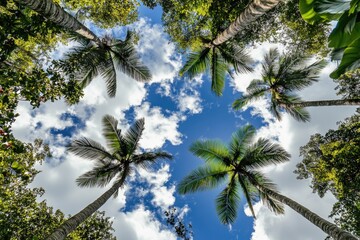 A group of palm trees against a bright blue sky