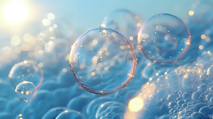 Poster - Delicate soap bubbles floating in sunlight against dreamy blue bokeh background, perfect for beauty, purity, or wellness concepts. Natural lens flare adds magical atmosphere.