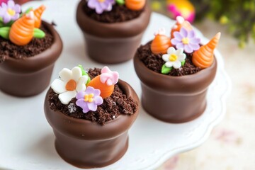 Sticker - A delicious display of chocolate cupcakes on a white plate, perfect for a sweet treat or dessert photography