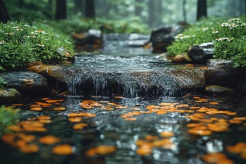 Wall Mural - A serene scene with a stream running through a dense and vibrant green forest, perfect for nature and outdoors themes