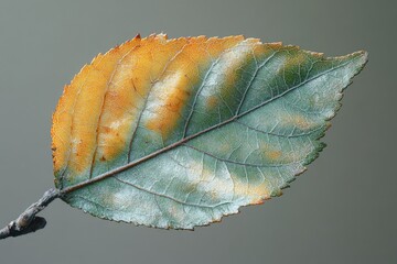 A close-up view of a single leaf attached to a twig, showing the intricate details of nature