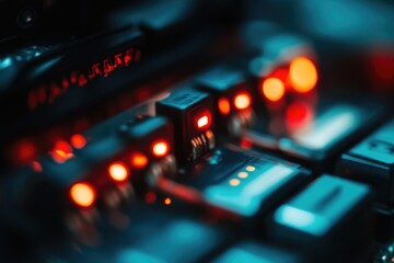 Poster - A detailed view of a keyboard with glowing red lights, suitable for technology or office settings