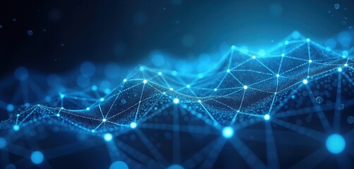 Poster - Abstract digital network illustration shows complex connections, nodes. Blue lines, luminous points create intricate web. Futuristic tech design. Visualizes data flow communication system. Evokes