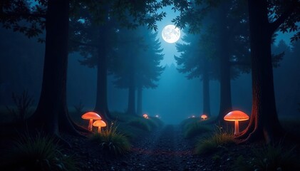 Wall Mural - Forest path with full moon light filtering through trees, fog, dark forest, glowing mushrooms