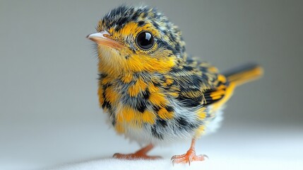 Wall Mural - small yellow and black bird sitting on a white surface, ready for flight