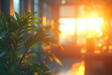 Sticker - A potted plant sits in front of a window as the sun sets outside, creating a warm and cozy atmosphere