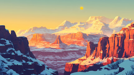Wall Mural - a panoramic view of a snow-capped mountain range with red rock formations bathed in golden light fro