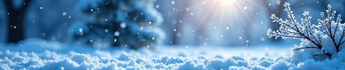 Wall Mural - frosty morning with snowflakes gently falling on a winter wonderland background, blue, frozen