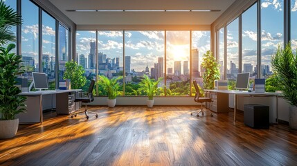 Canvas Print - Office view, city skyline, sunlight, workstations