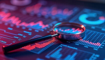 Poster - ultraviolet, neon business data analysis using graphs, charts. magnifying glass highlights key insig