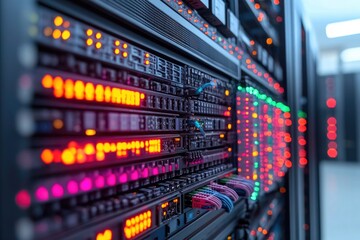 Poster - Picture shows rows of servers in a server room, suitable for use in technology or IT-related contexts