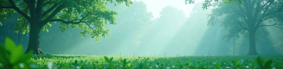 Wall Mural - White mist over a tranquil forest with faded mint green foliage, soft focus, serene atmosphere