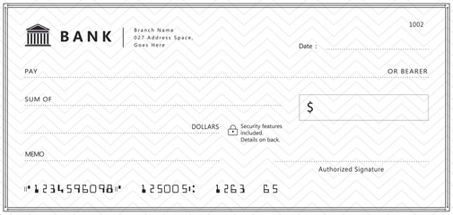Wall Mural - empty money cheque. bank check. check book template with pattern and blank fields. currency payment 