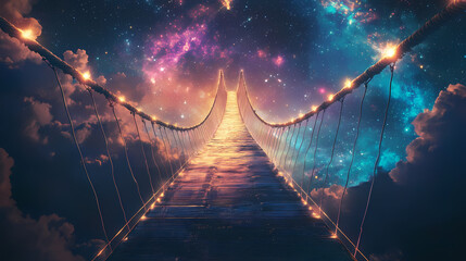 Wall Mural - Illuminated suspension bridge spanning a cosmic void, leading towards a bright horizon. perfect for fantasy, sci-fi, or spiritual concepts. Cosmic Bridge. Illustration