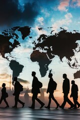 Poster - Group of people walking near a large world map, useful for travel or education concepts