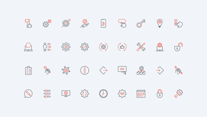 Fototapete - Gears of engine, workshop and maintenance service, data update process line icon set. Control config and system settings, technician fix tools thin black and red outline symbols vector illustration