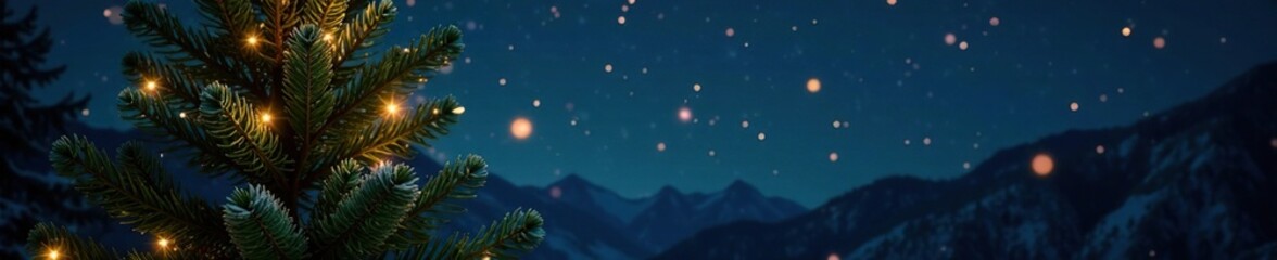 evergreen christmas tree with twinkling star lights at night, night, winter, stars