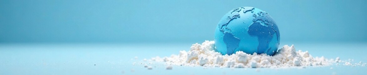 Wall Mural - blue cardboard sphere partially buried in white powder, background, powder