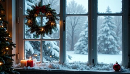 Wall Mural - frosty windowpane adorned with evergreen wreath and twinkling ornaments, garland, icy, wintry