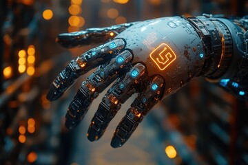 Poster - a detailed view of a human hand holding a robot arm, useful for technology and innovation related pr