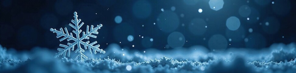 Wall Mural - Snowflakes fall gently around a single large snowflake on dark background with spotlight effect, sparkling, frosty