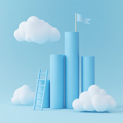 Poster - 3D Blue Bar Chart with a Ladder and Flag Surrounded by Clouds on a Soft Blue Background