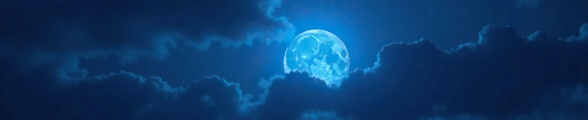 Wall Mural - Blue glowing moon shining through thin dark clouds at night, moon phase, night, cloudy skies