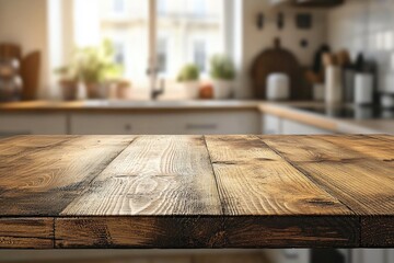 Poster - A wooden table in a cozy kitchen with a large window offering a view