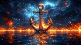 Fiery anchor reflection in cosmic water.