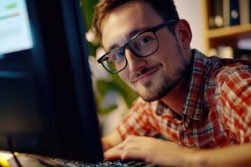 Poster - a person wearing glasses sits in front of a computer and types away