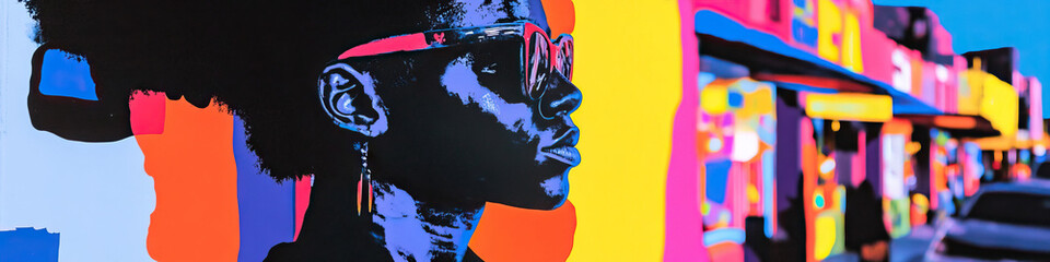Poster - Stylized Portrait of a Woman with Afro Against a Colorful Urban Background
