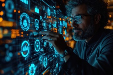 Poster - A person wearing glasses sitting in front of a computer screen, focusing on the display