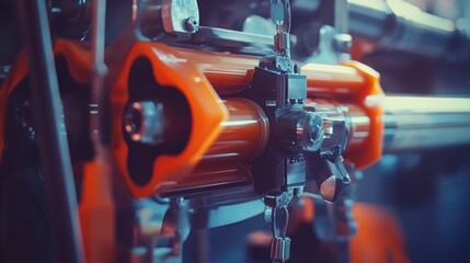 Poster - A close-up view of a machine in a busy industrial factory setting